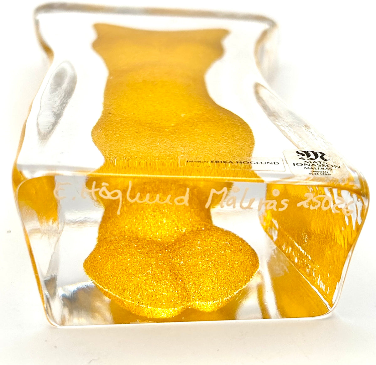 Erika Höglund Crystal Woman Sculpture, Yellow Art Glass, Målerås Sweden