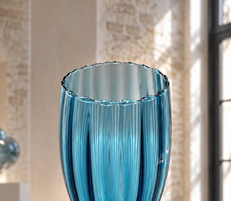Rare Peacock Blue Empoli Optic Ribbed Pedestal Glass Vase from Rossini, Italy, 1960s
