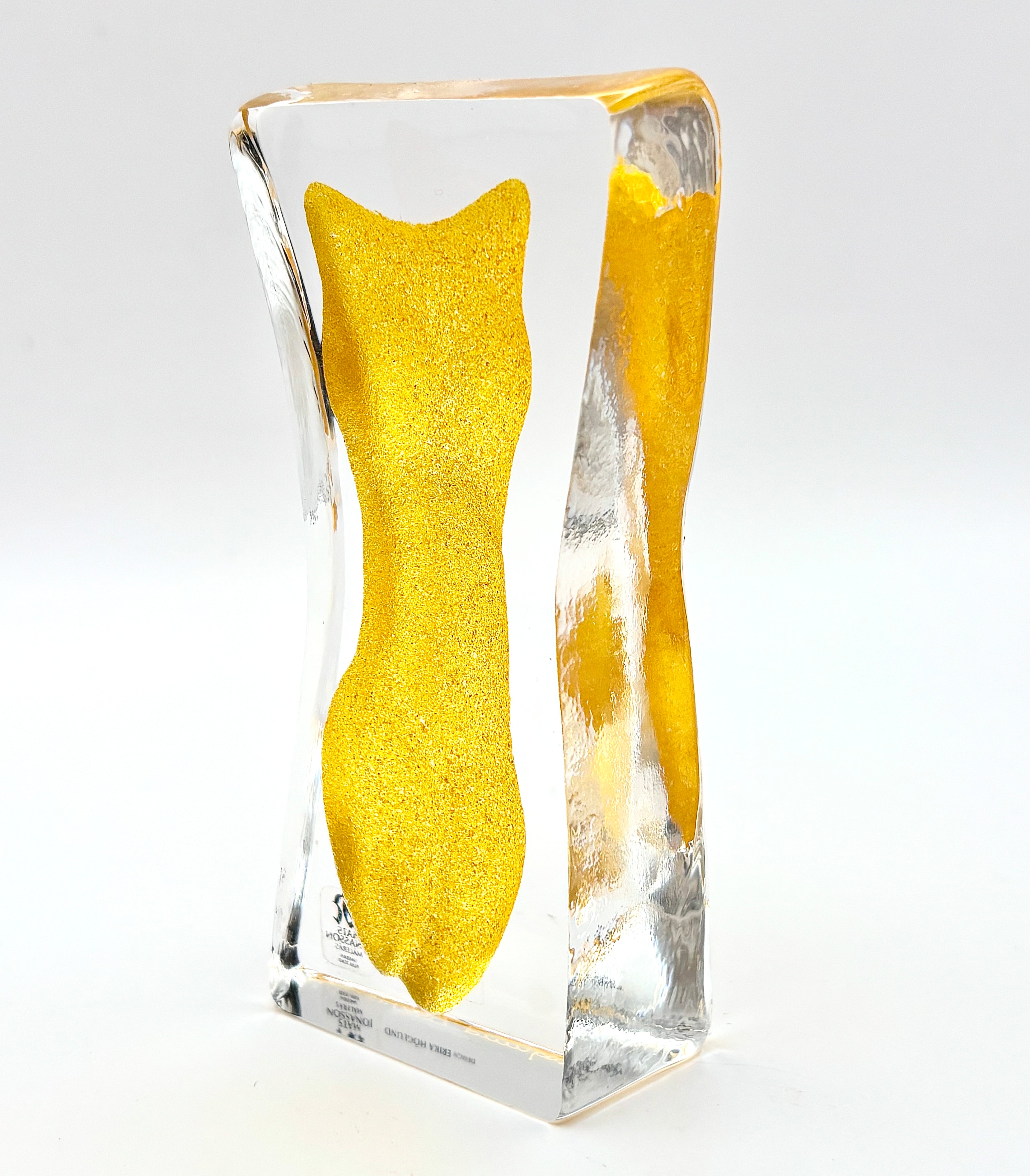 Erika Höglund Crystal Woman Sculpture, Yellow Art Glass, Målerås Sweden