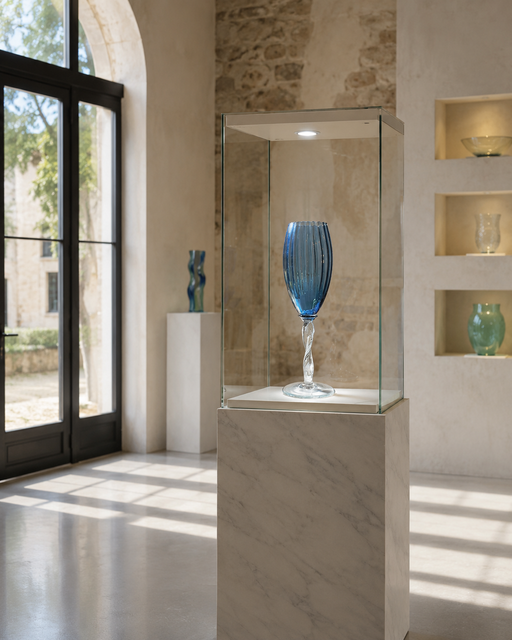 Rare Peacock Blue Empoli Optic Ribbed Pedestal Glass Vase from Rossini, Italy, 1960s