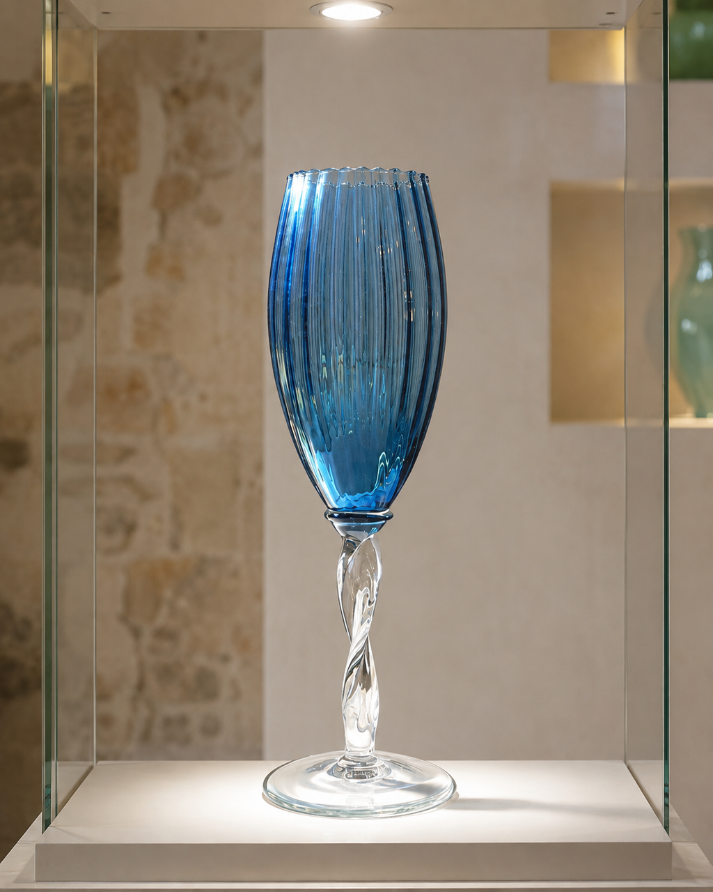 Rare Peacock Blue Empoli Optic Ribbed Pedestal Glass Vase from Rossini, Italy, 1960s