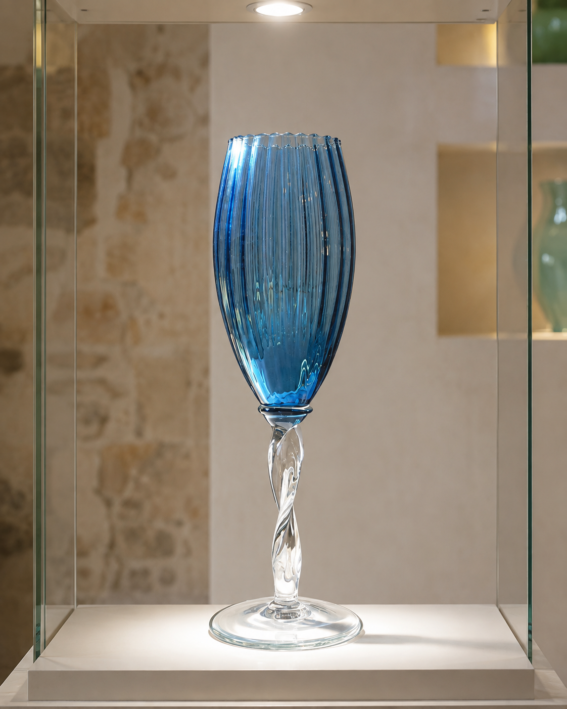 Rare Peacock Blue Empoli Optic Ribbed Pedestal Glass Vase from Rossini, Italy, 1960s