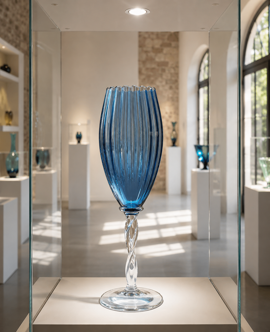 Rare Peacock Blue Empoli Optic Ribbed Pedestal Glass Vase from Rossini, Italy, 1960s