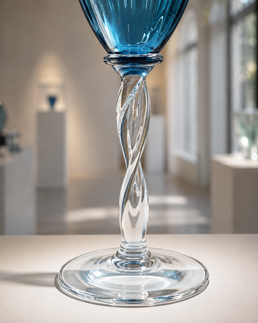 Rare Peacock Blue Empoli Optic Ribbed Pedestal Glass Vase from Rossini, Italy, 1960s