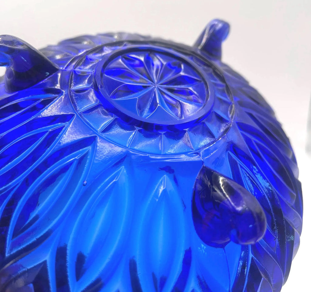 Bohemian, Czech Cobalt Blue Pressed Glass Bowl – Rosice Style Leaf Pattern, c.1960s