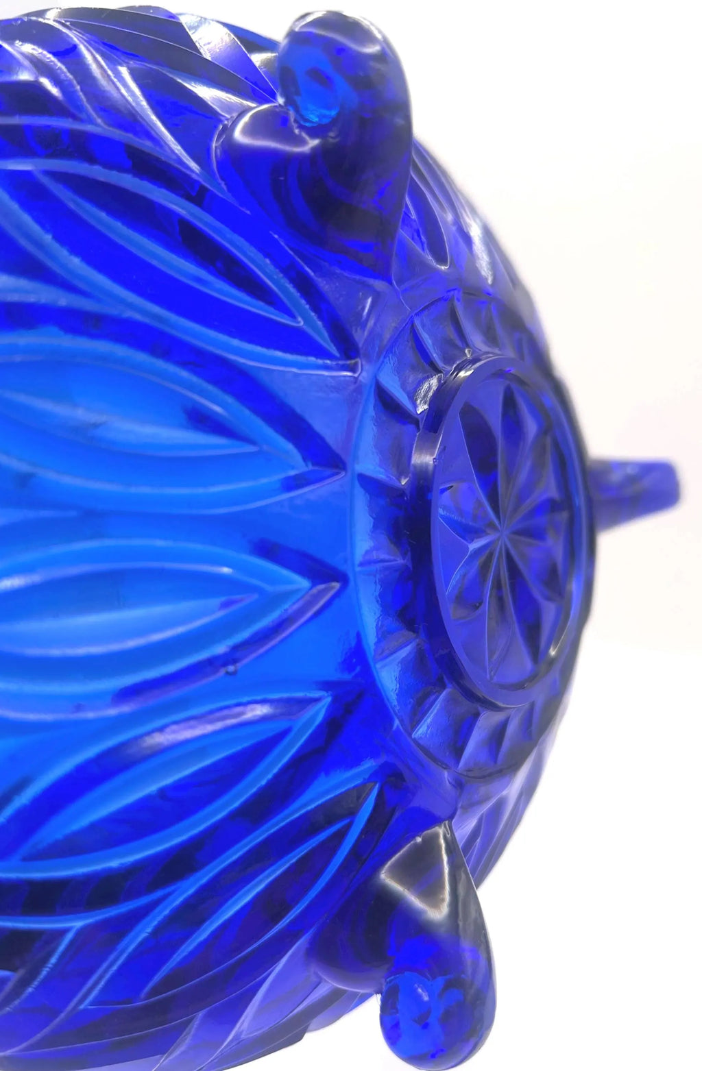 Bohemian, Czech Cobalt Blue Pressed Glass Bowl – Rosice Style Leaf Pattern, c.1960s