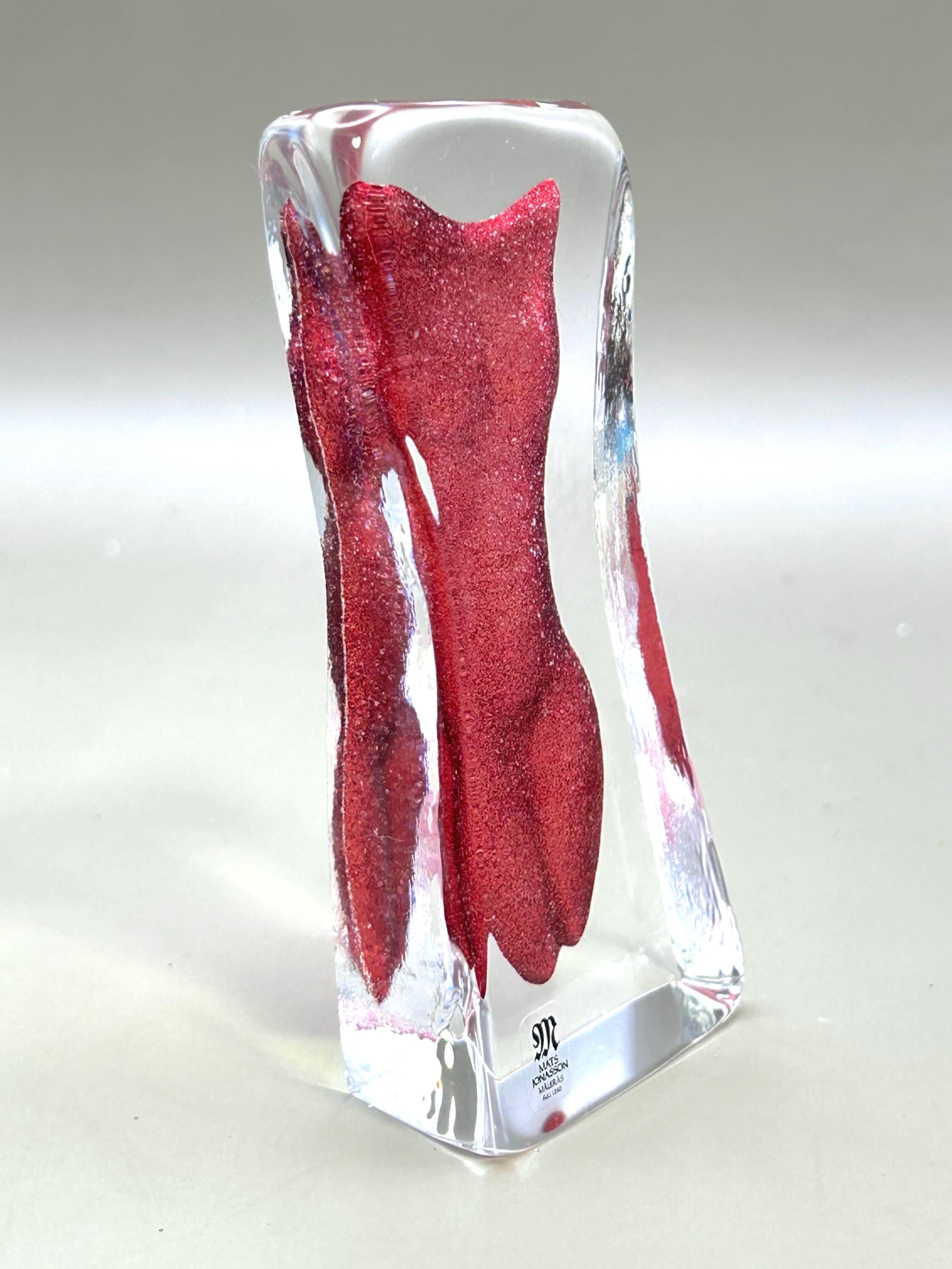 Mats Jonasson Crystal Woman Sculpture, Red Art Glass, Sweden