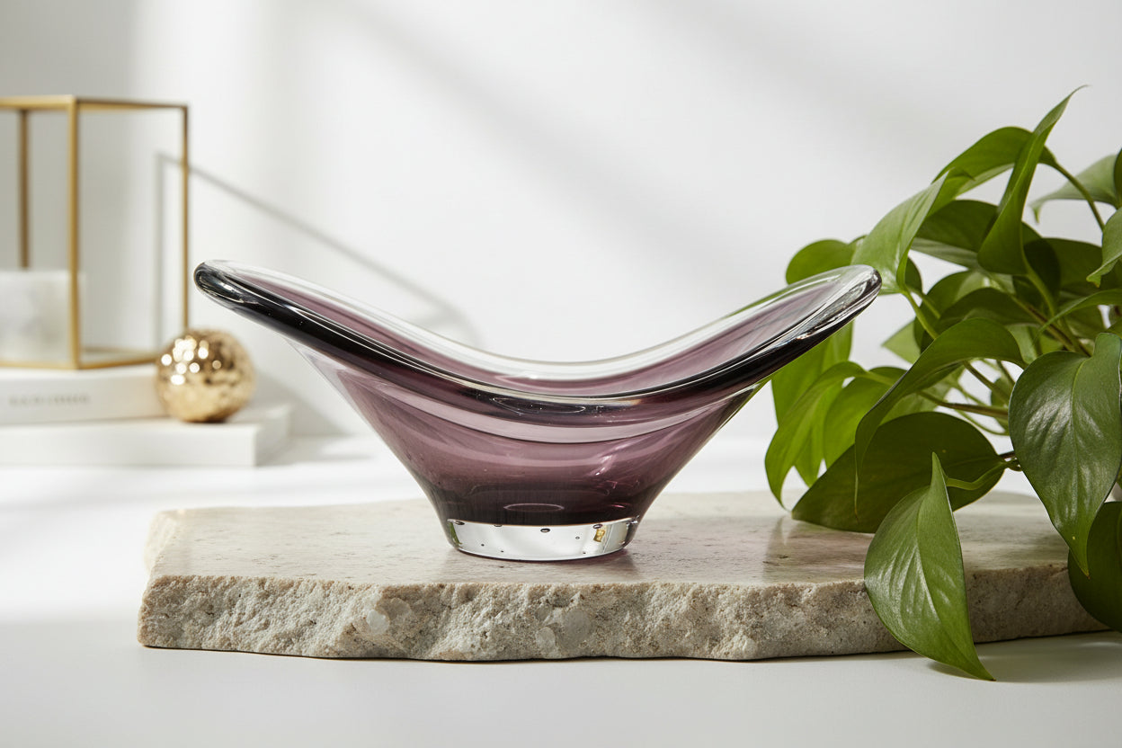 FM Konstglas Amethyst Crystal Centerpiece Bowl | Scandinavian Art Glass