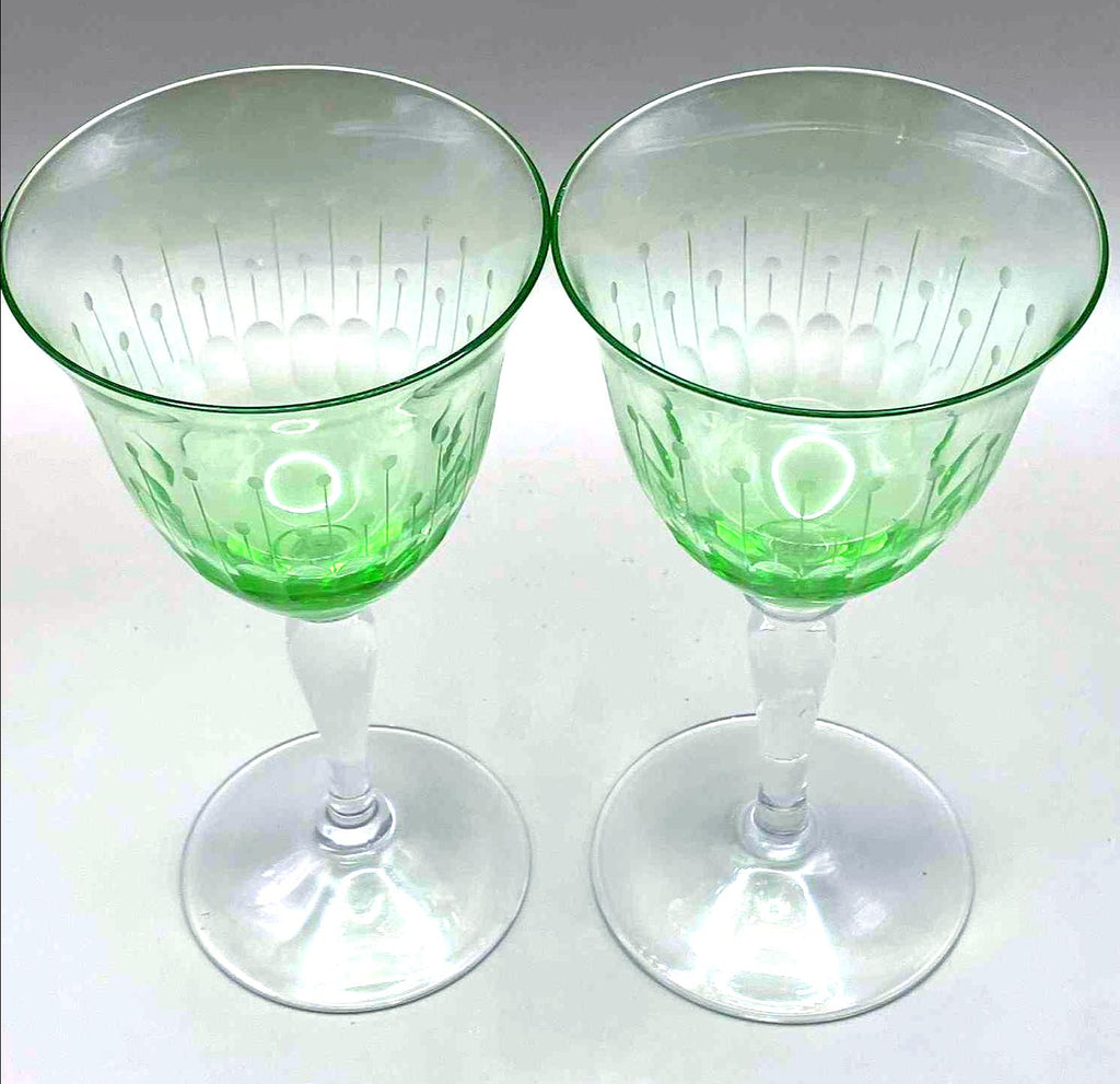 Bohemian Uranium Wine Glasses, Czech Art Glass