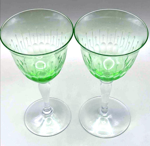 Bohemian Uranium Wine Glasses, Czech Art Glass