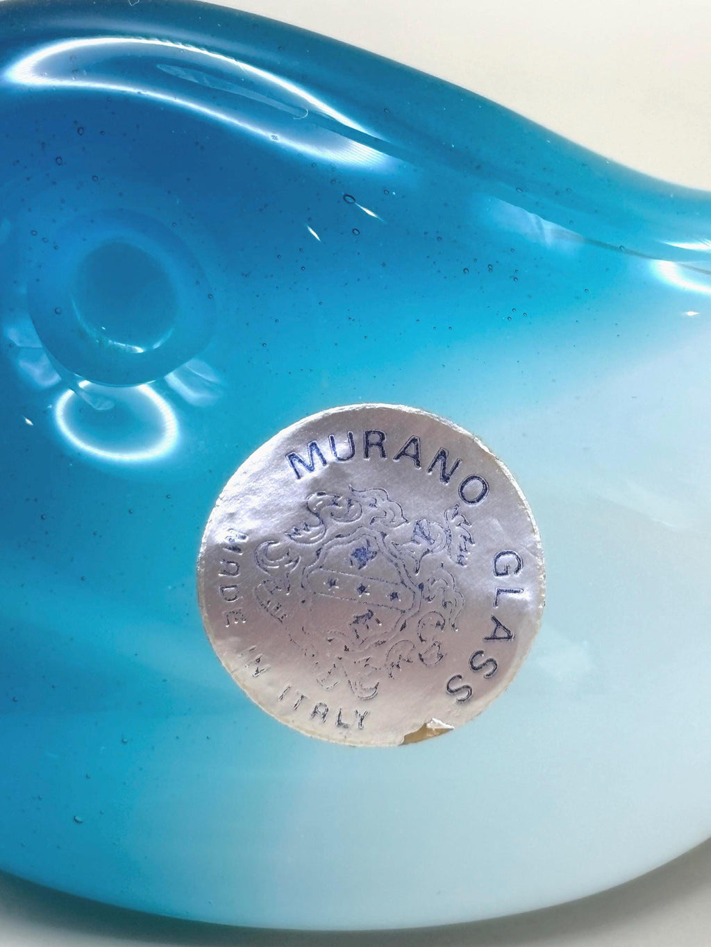 Murano, Italy. Dolphin Sculpture – Blue & White Opaline Sommerso Art Glass