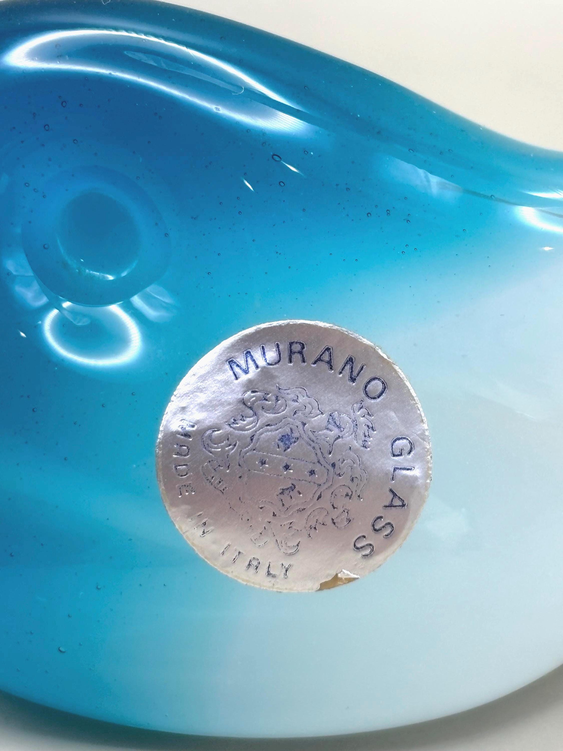 Murano, Italy. Dolphin Sculpture – Blue & White Opaline Sommerso Art Glass