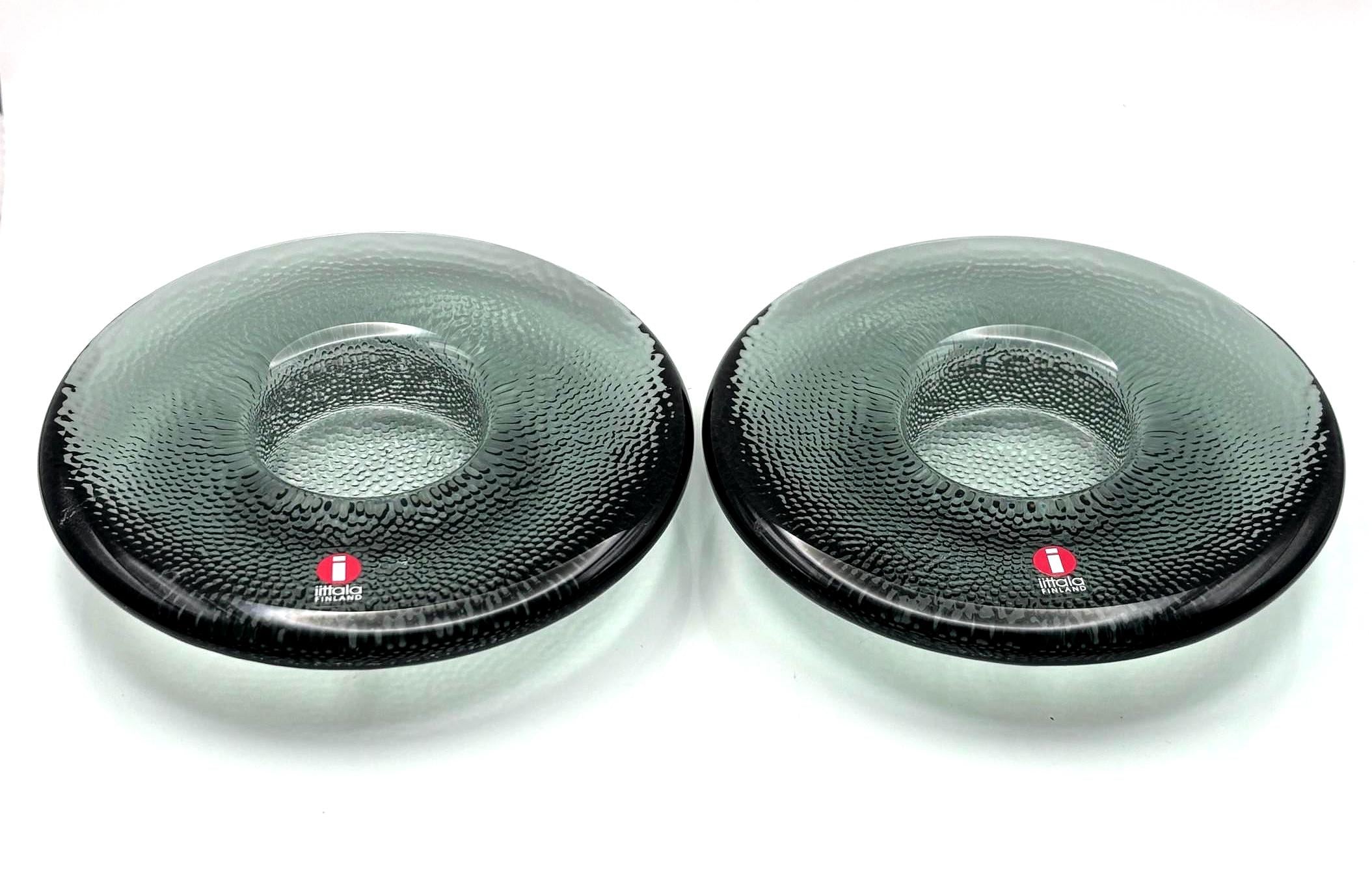Iittala Kastehelmi Pair of Candle Holders, Smoke Grey | Finnish Art Glass
