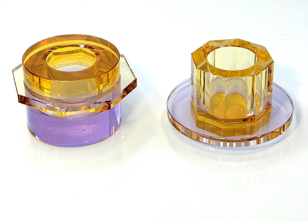 Hübsch Crystal Candleholders  Amber & Lilac Glass, Scandinavian Design, Original Gold Label