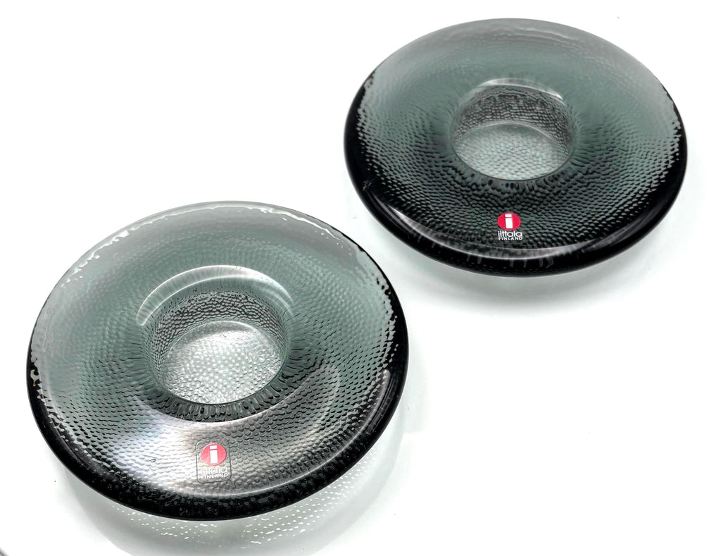 Iittala Kastehelmi Pair of Candle Holders, Smoke Grey | Finnish Art Glass