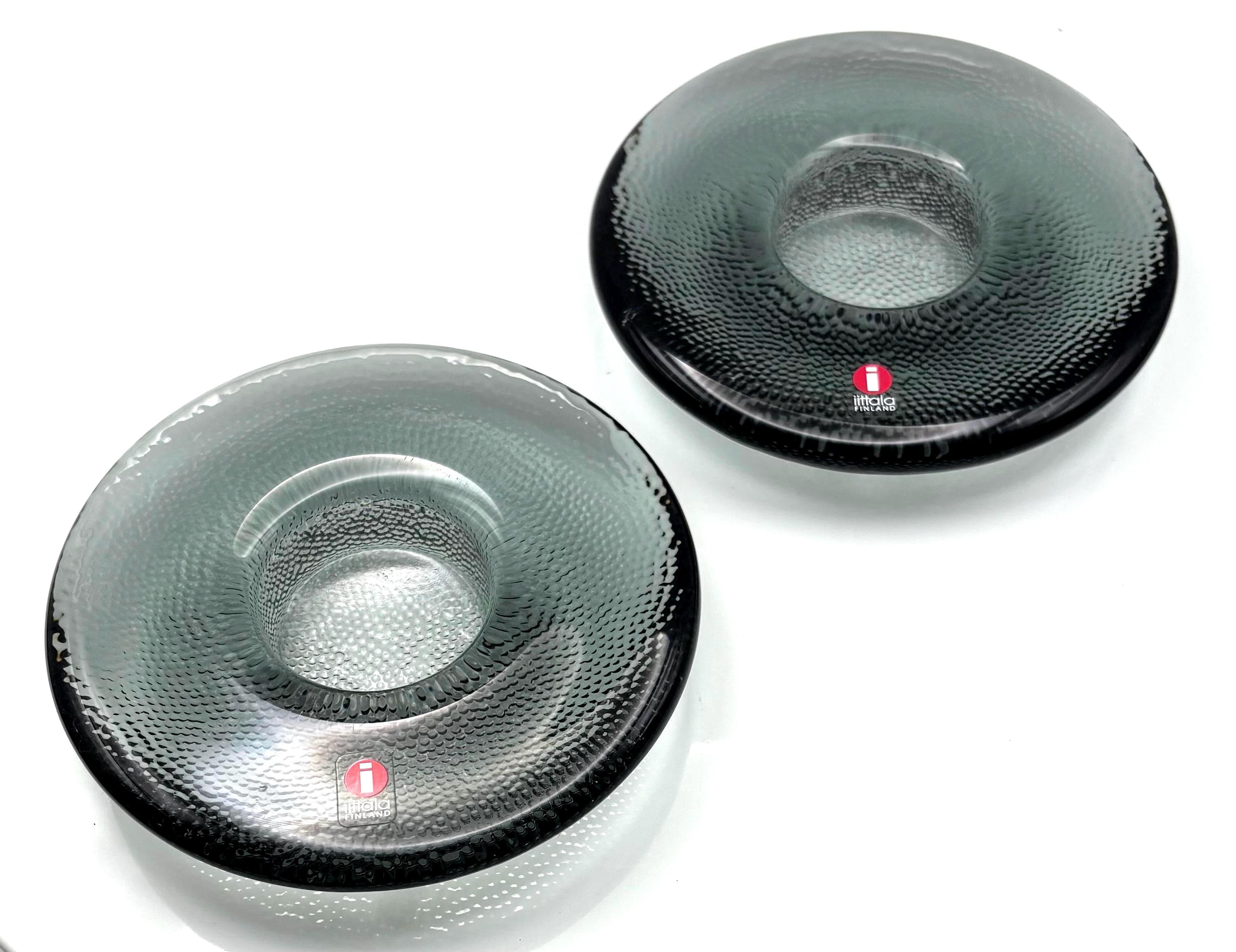 Iittala Kastehelmi Pair of Candle Holders, Smoke Grey | Finnish Art Glass