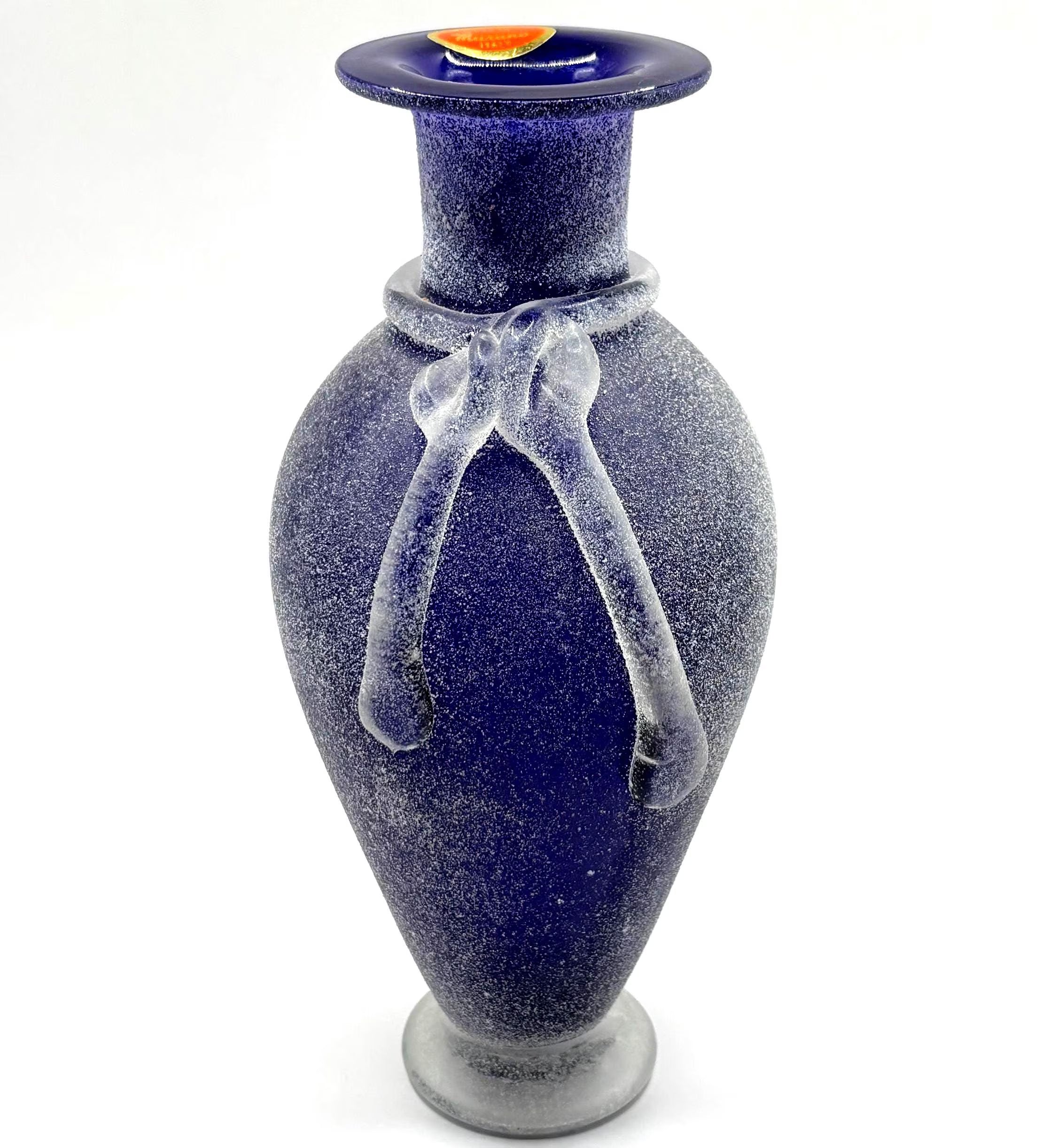 Murano Frosted Satin Art Glass Vase, Purple Blue, Original Label | Italian Decor