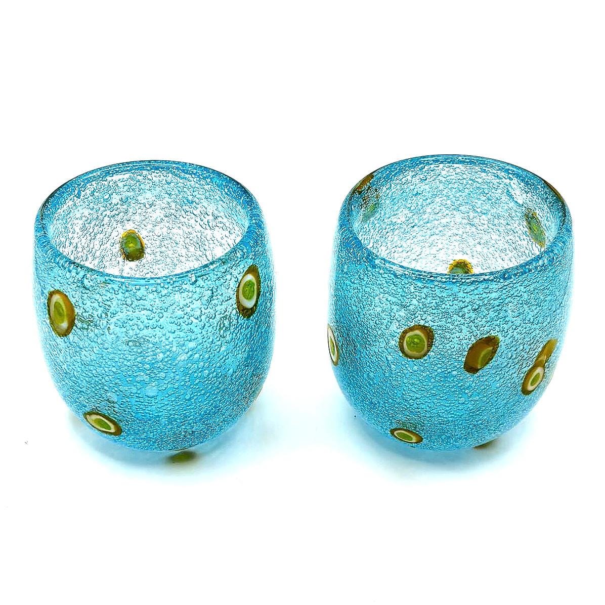 Millefiori-style, Henriques Turquoise Art Glass Tumblers | Mouth-Blown Art