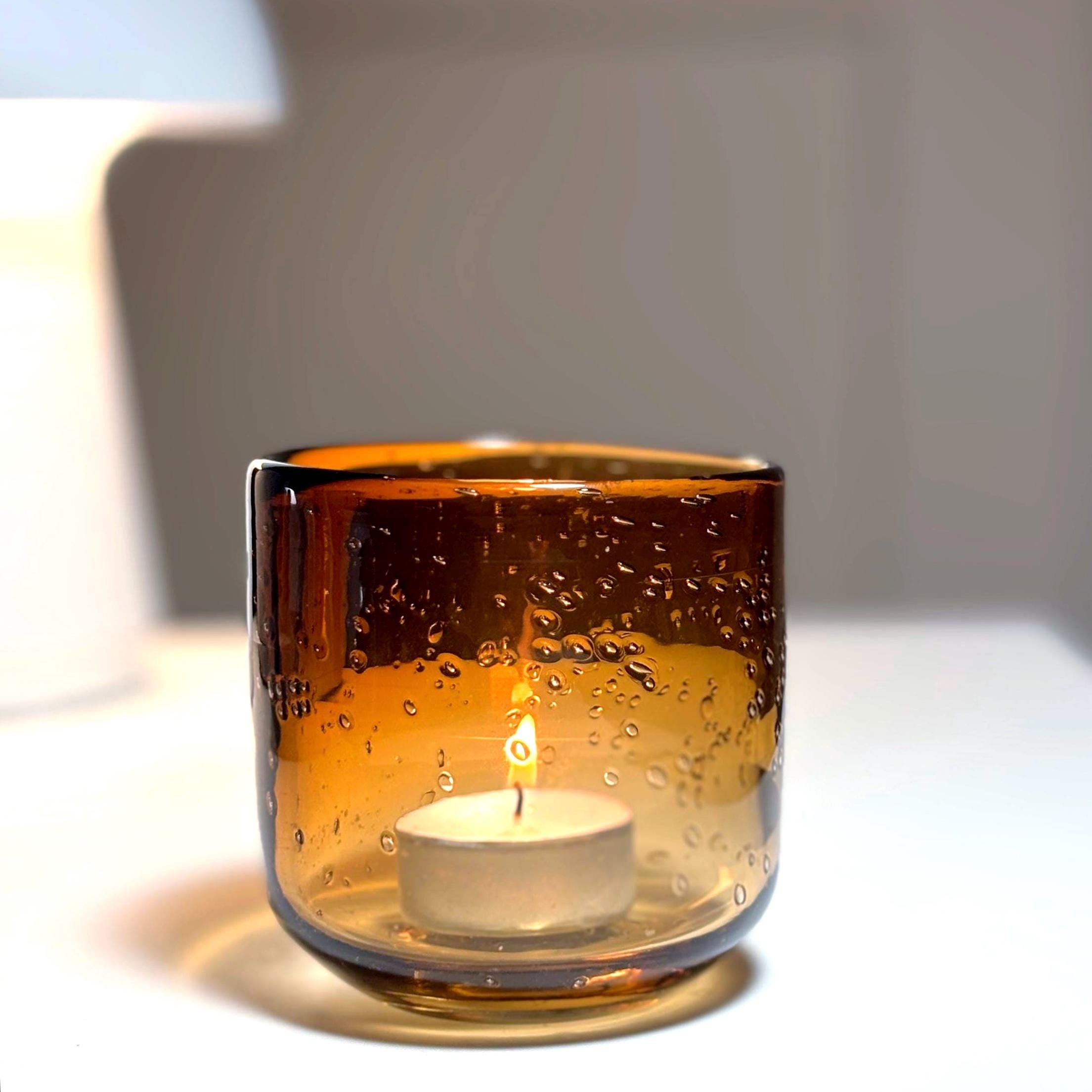Kosta Boda Amber Bubble Glass Candle Holder, Erik Höglund Scandinavian Art Glass