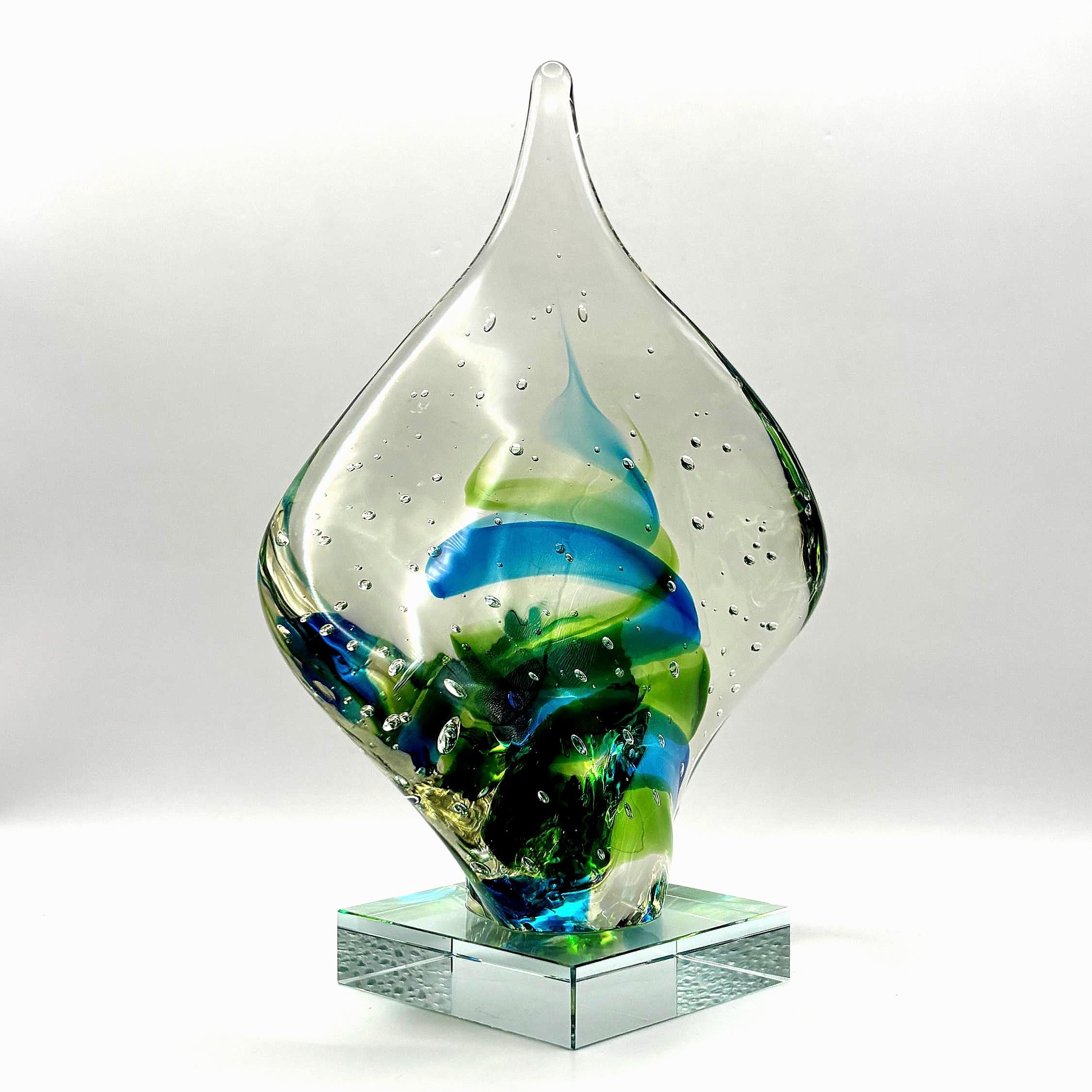 Bullicante Art Glass Sculpture, Blue Green Swirl | Mid-Century Modern