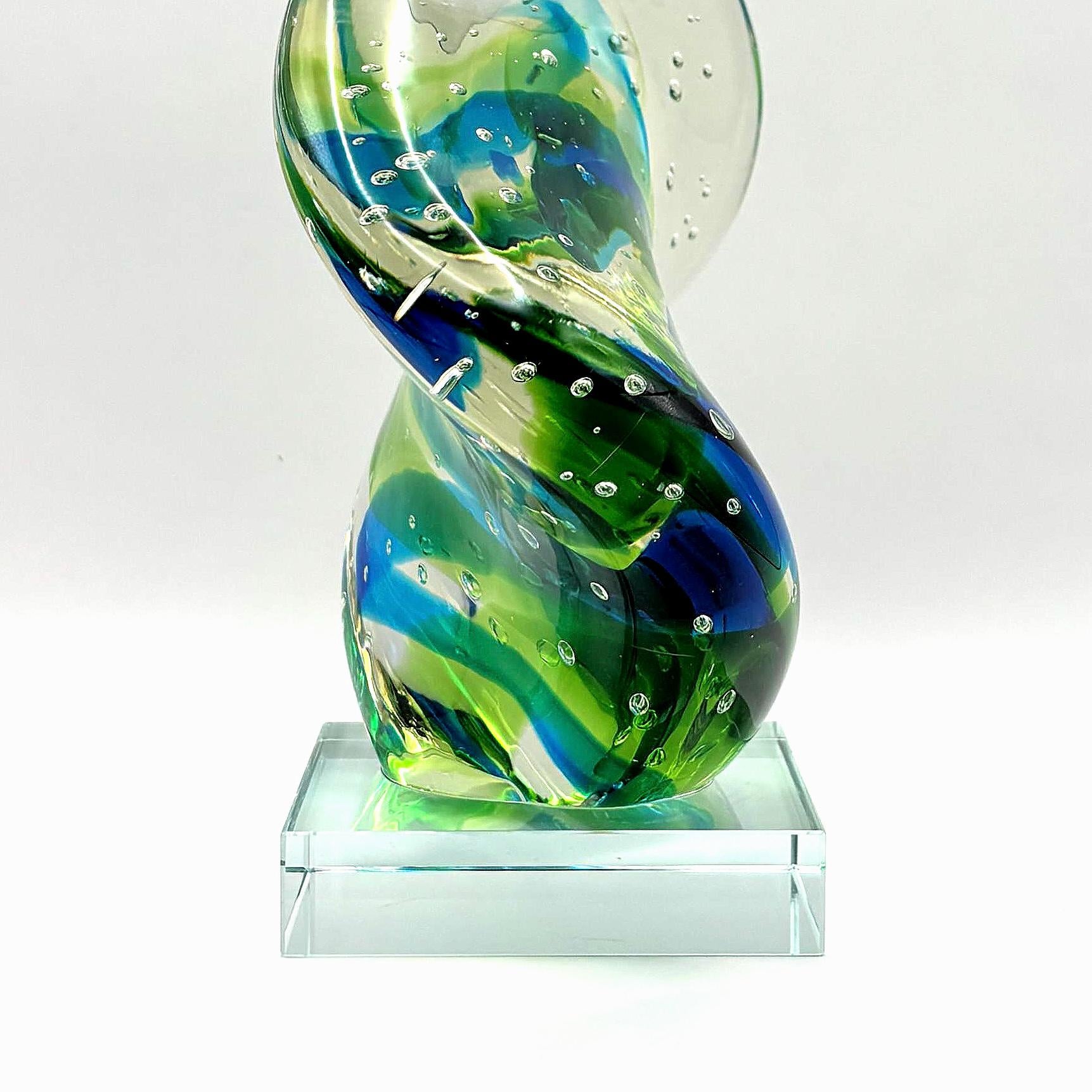 Bullicante Art Glass Sculpture, Blue Green Swirl | Mid-Century Modern