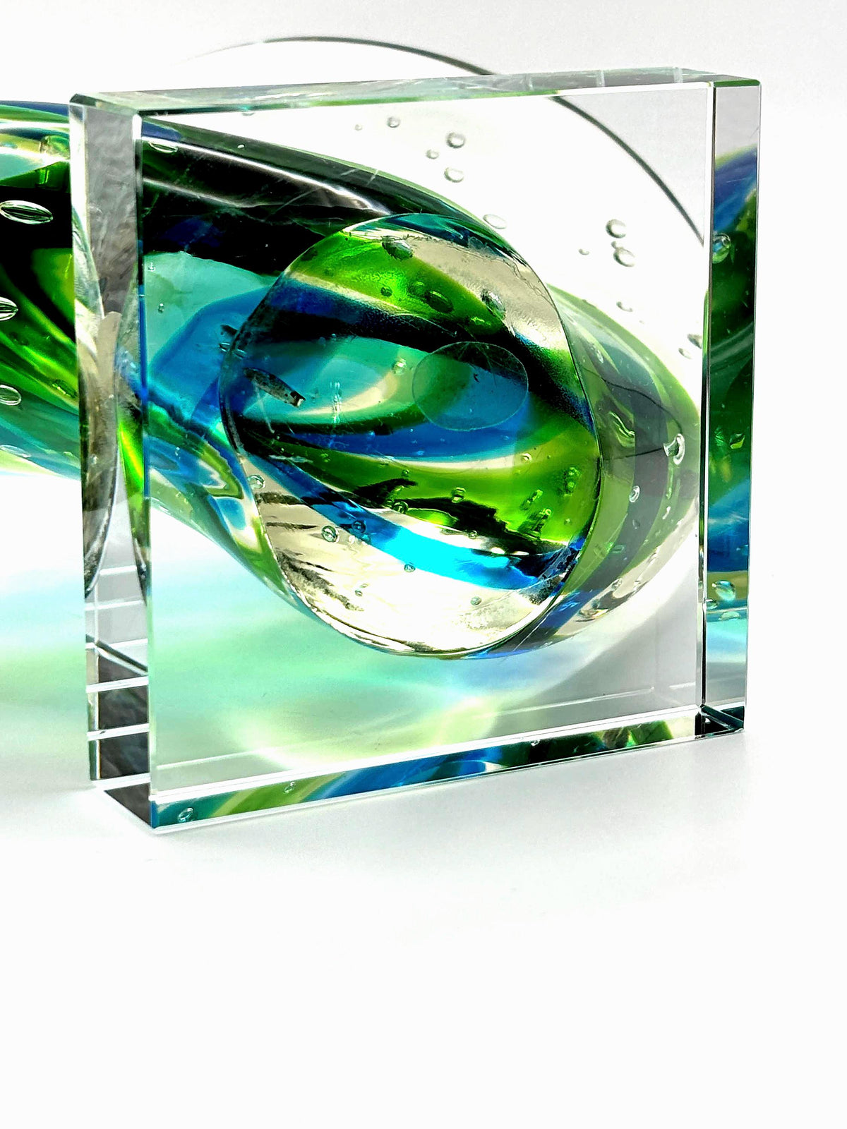 Bullicante Art Glass Sculpture, Blue Green Swirl | Mid-Century Modern