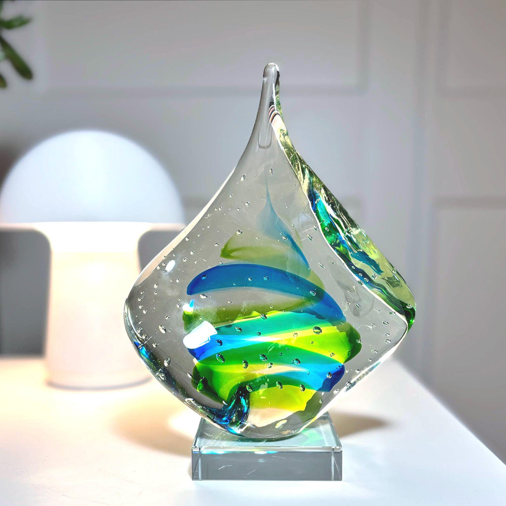 Bullicante Art Glass Sculpture, Blue Green Swirl | Mid-Century Modern