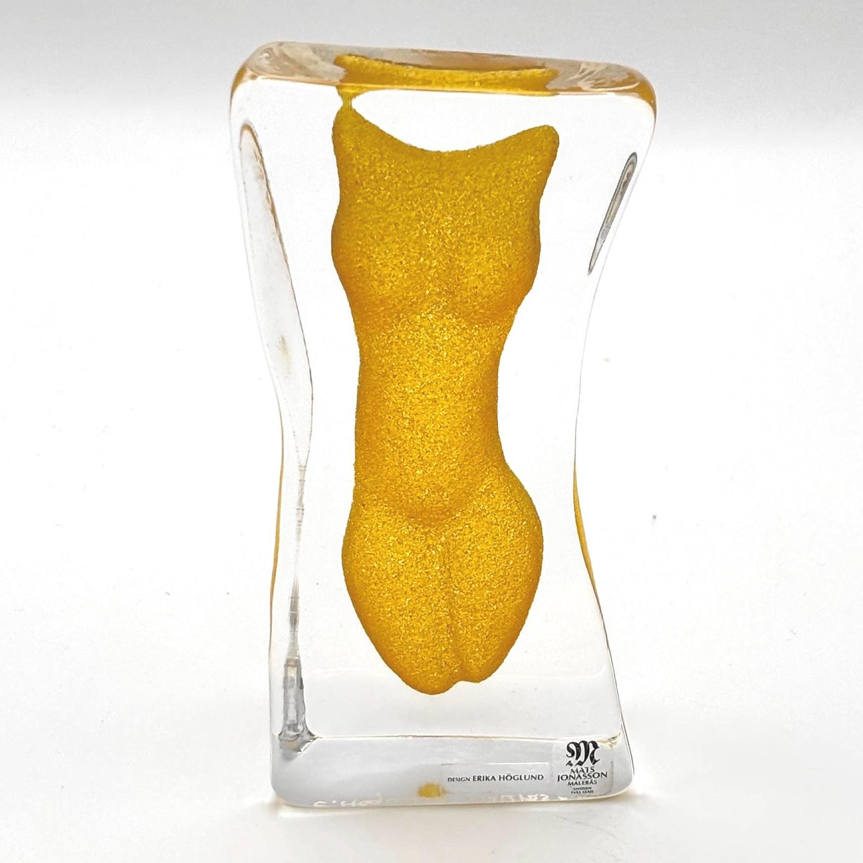 Erika Höglund Crystal Woman Sculpture, Yellow Art Glass, Målerås Sweden