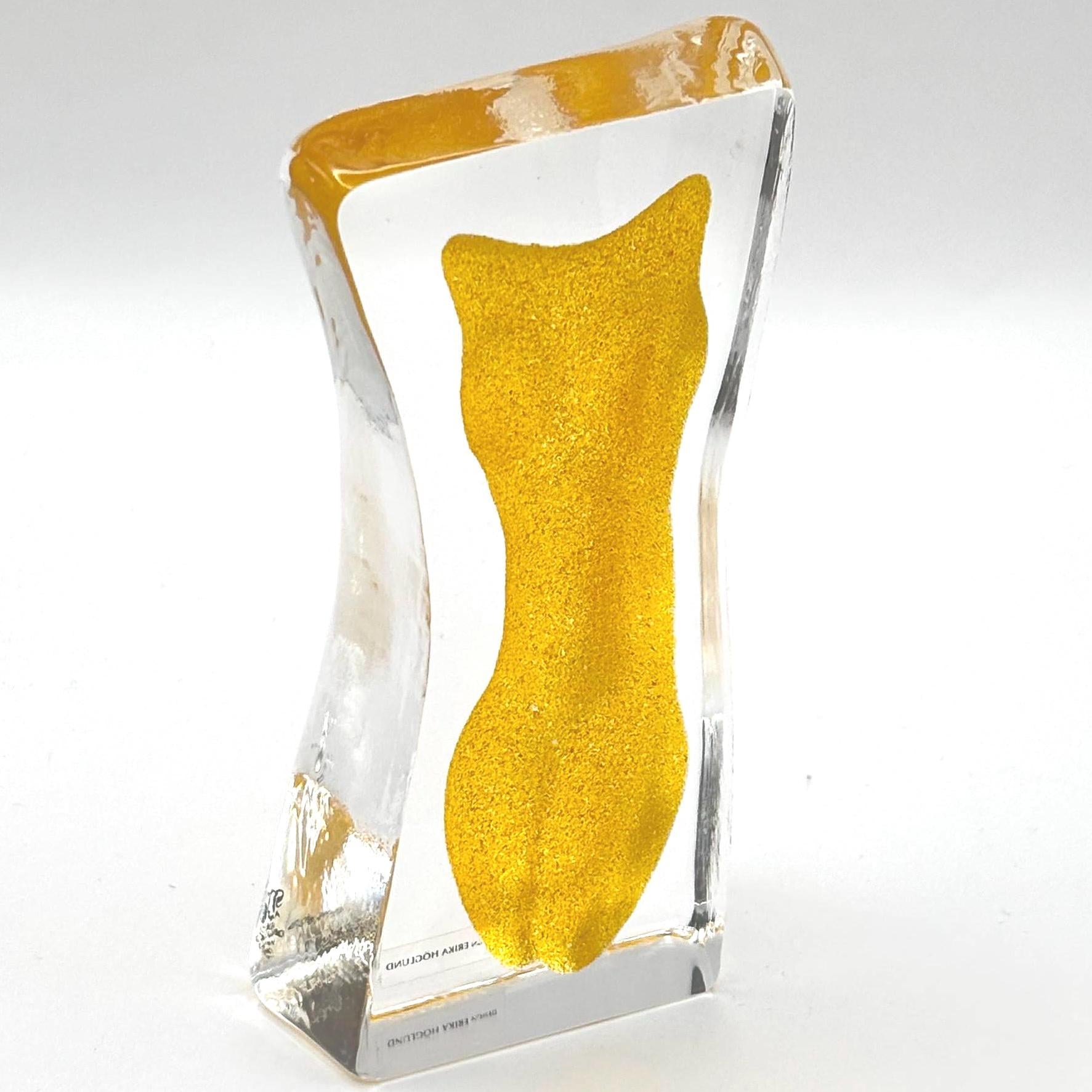 Erika Höglund Crystal Woman Sculpture, Yellow Art Glass, Målerås Sweden