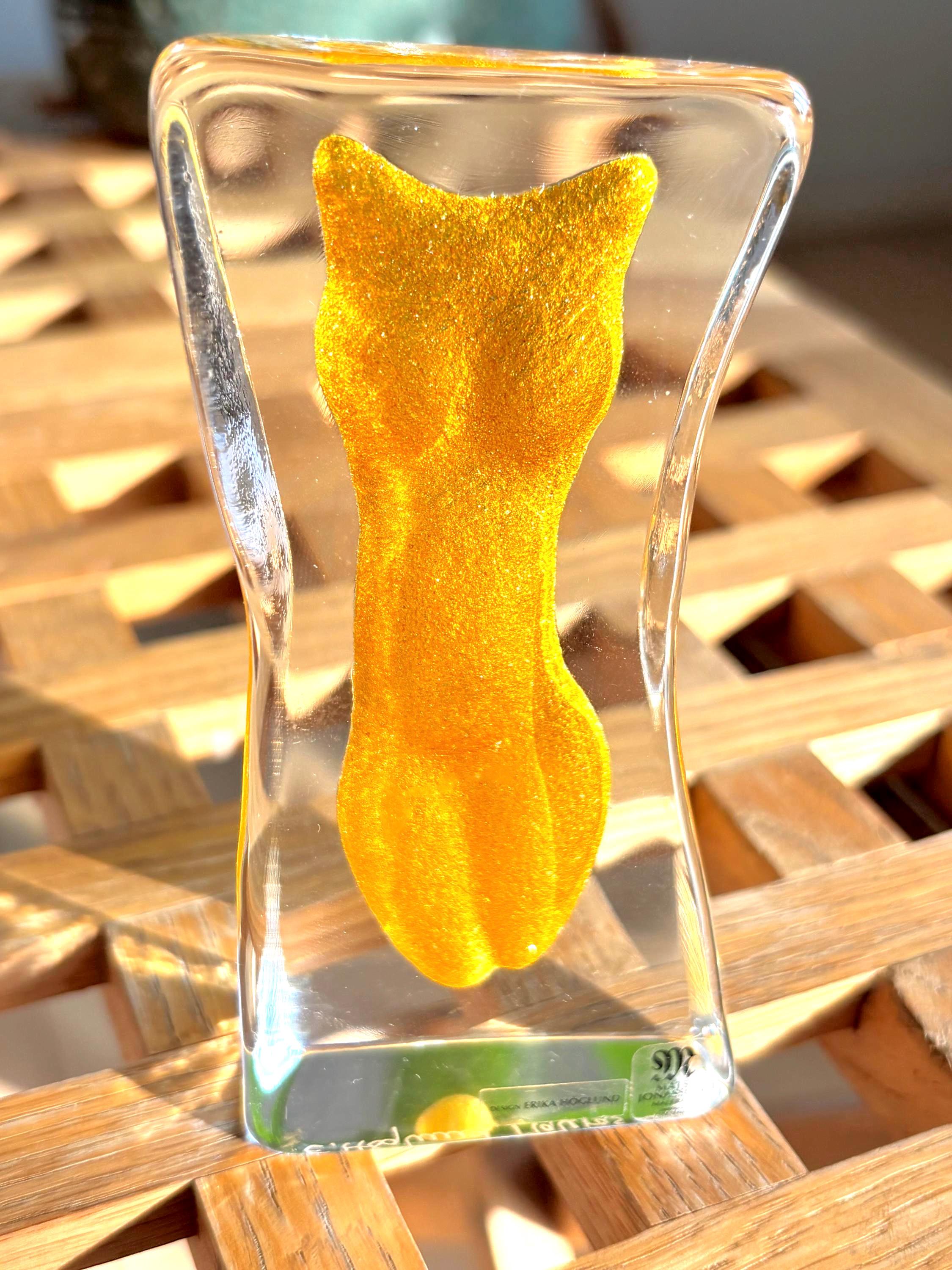 Erika Höglund Crystal Woman Sculpture, Yellow Art Glass, Målerås Sweden