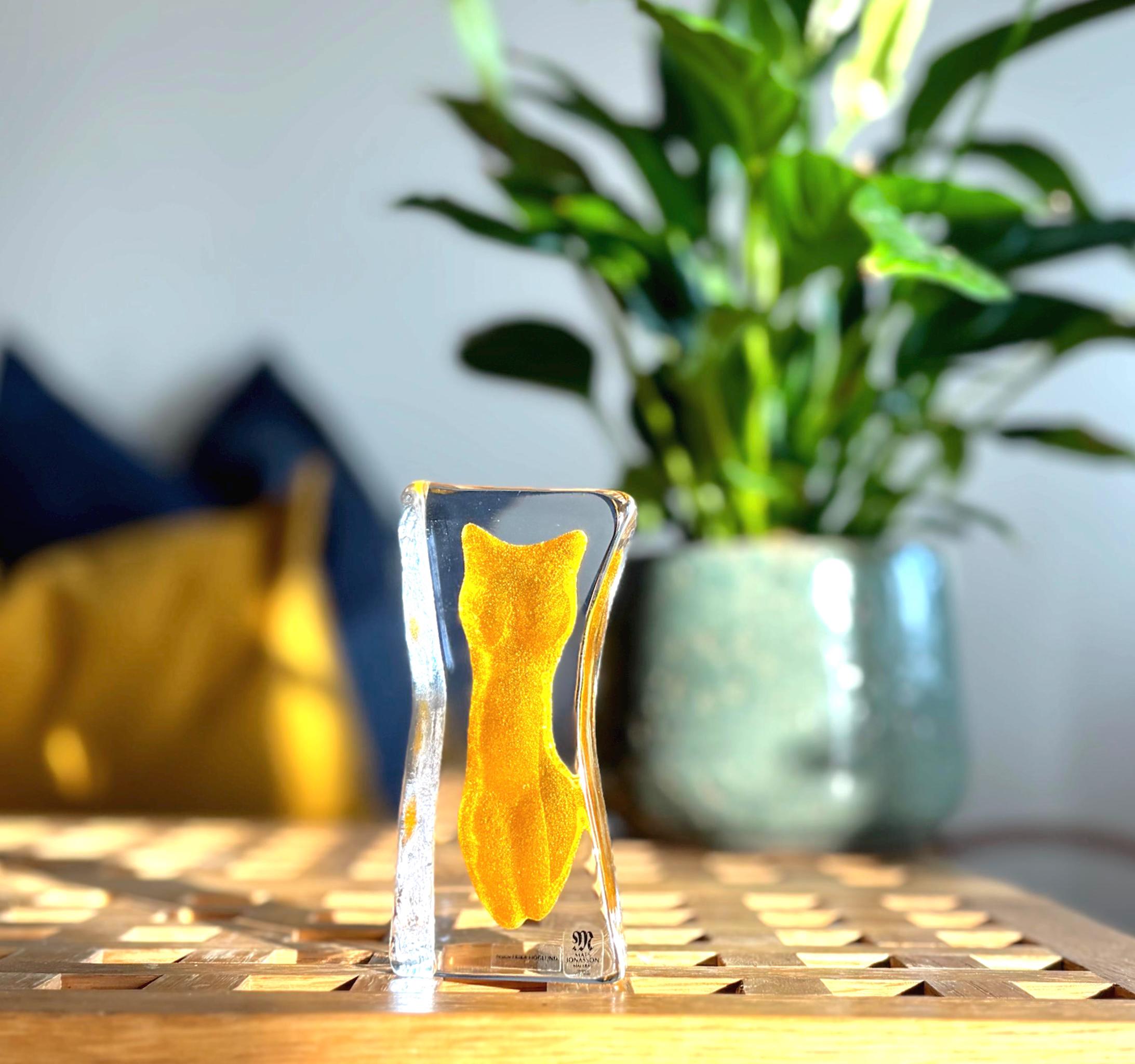 Erika Höglund Crystal Woman Sculpture, Yellow Art Glass, Målerås Sweden