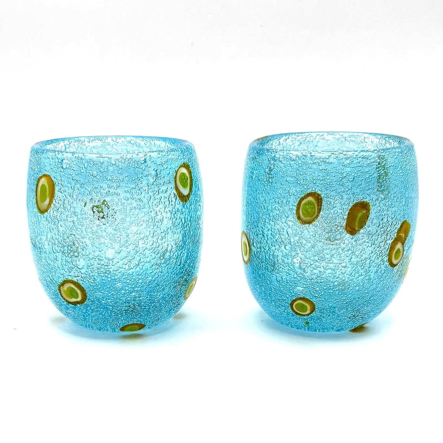 Millefiori-style, Henriques Turquoise Art Glass Tumblers | Mouth-Blown Art