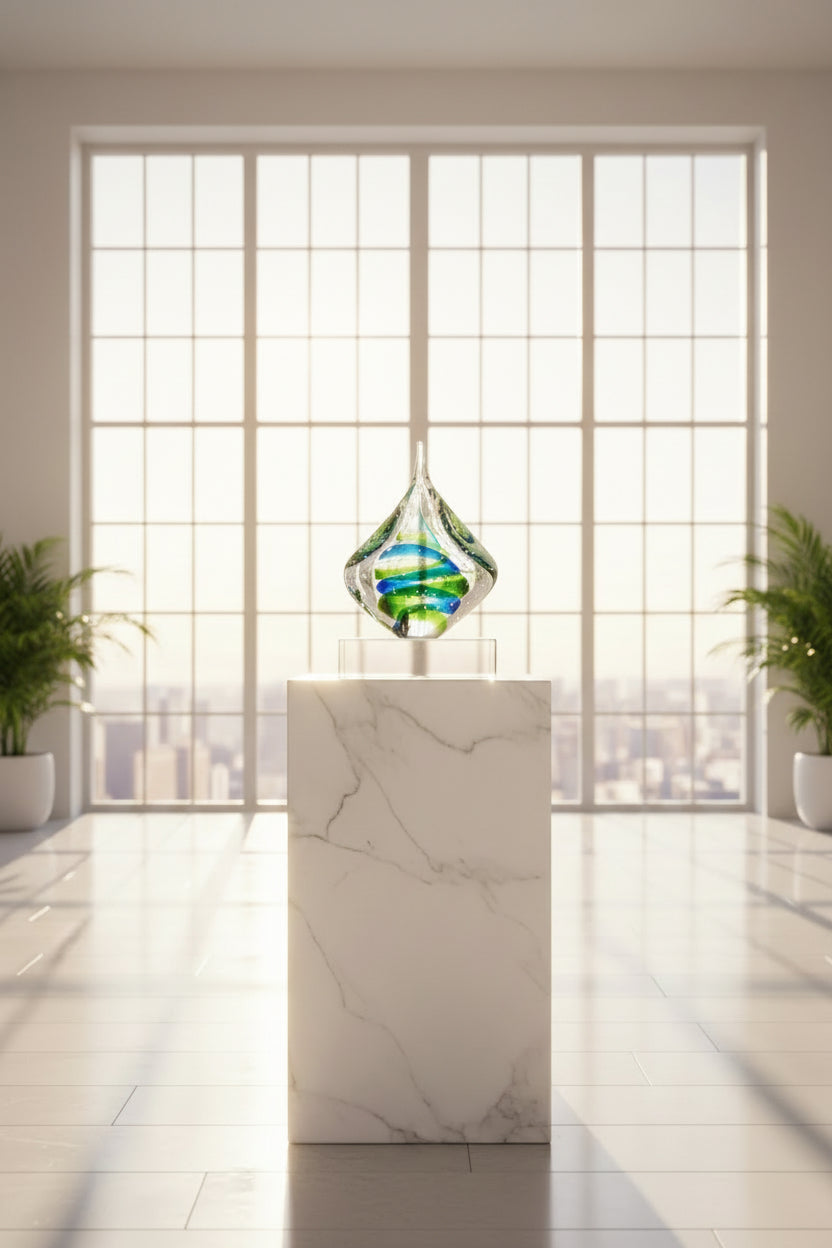 Bullicante Art Glass Sculpture, Blue Green Swirl | Mid-Century Modern