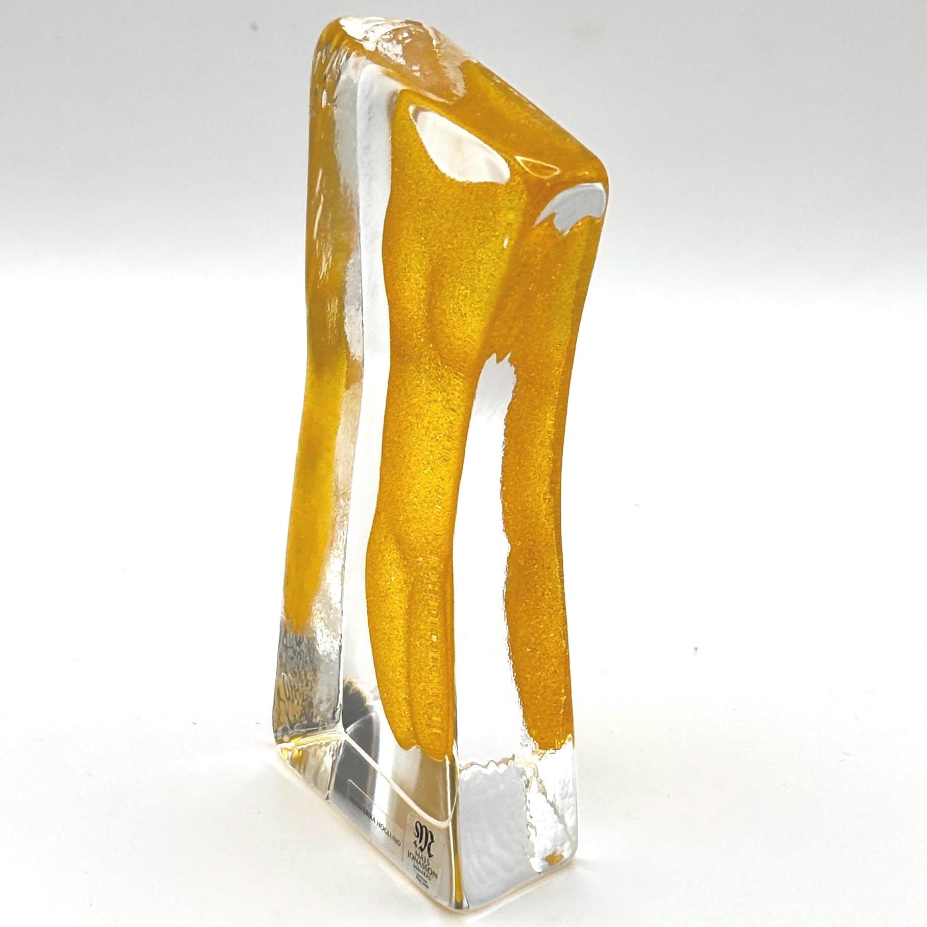 Erika Höglund Crystal Woman Sculpture, Yellow Art Glass, Målerås Sweden