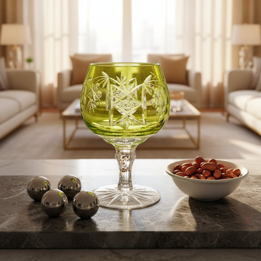 Set of 6 Bohemian Cut Crystal Cordial Glasses, Lime Green Barware (11.5 cm)