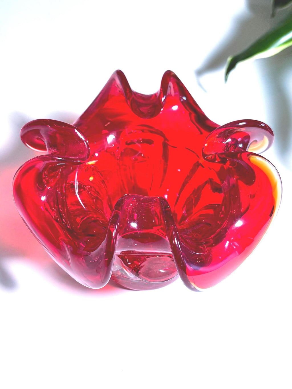 Mid Century Belgian Ruby Red Art Glass Bowl – Sculptural Plateau Candle Holder