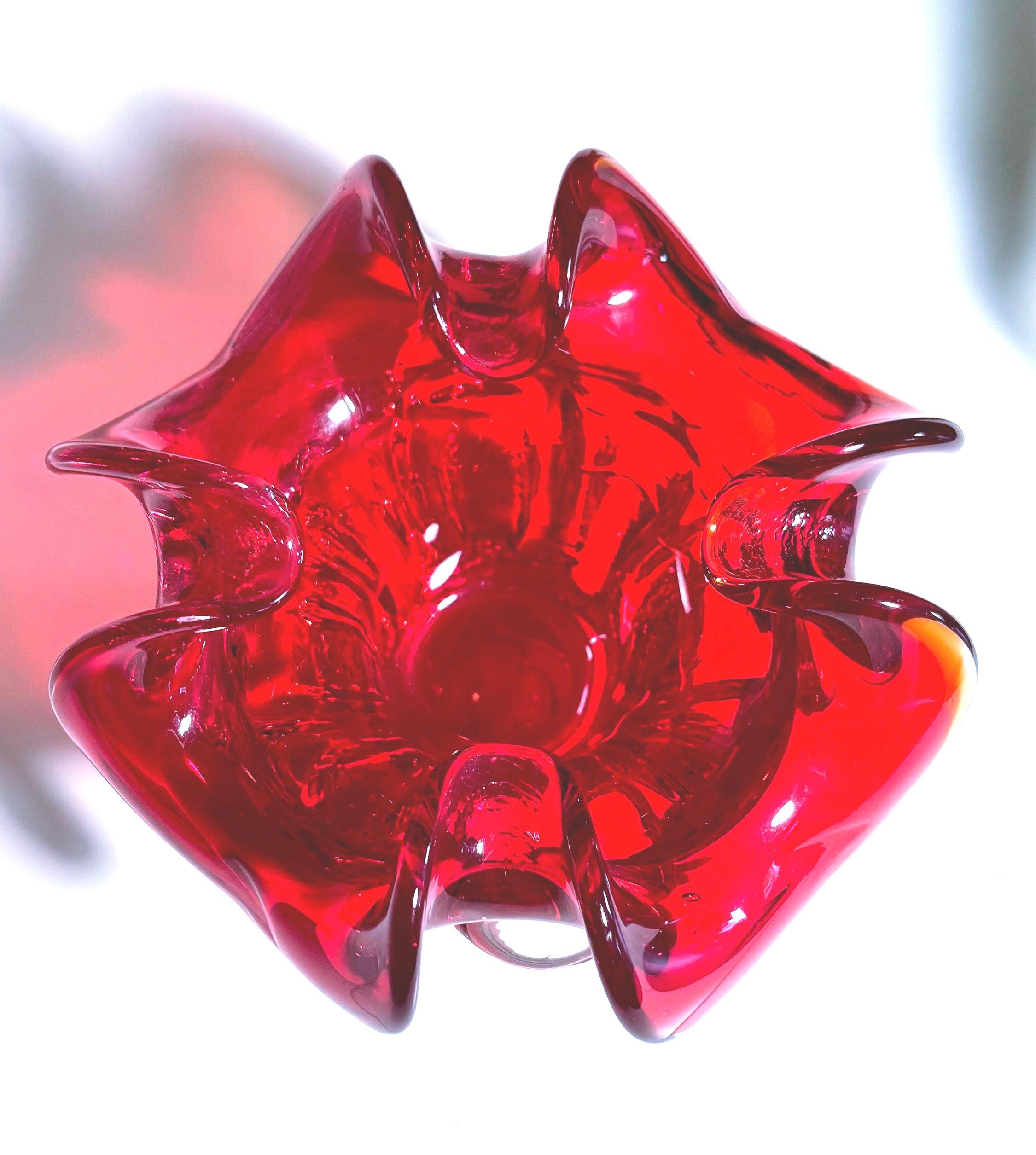 Mid Century Murano-style Belgian Ruby Red Art Glass Bowl  Sculptural Plateau Candle Holder