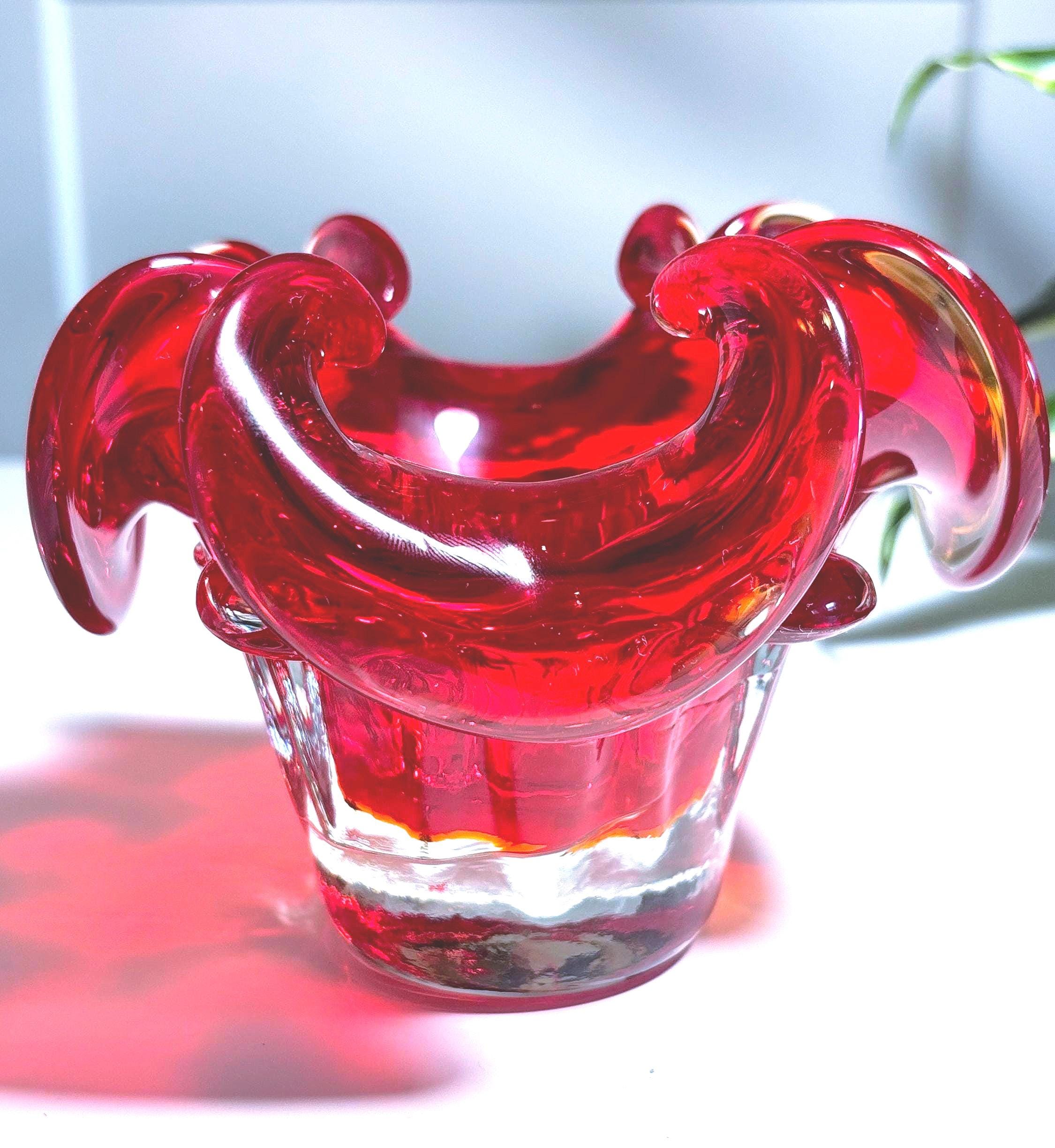 Mid Century Murano-style Belgian Ruby Red Art Glass Bowl  Sculptural Plateau Candle Holder