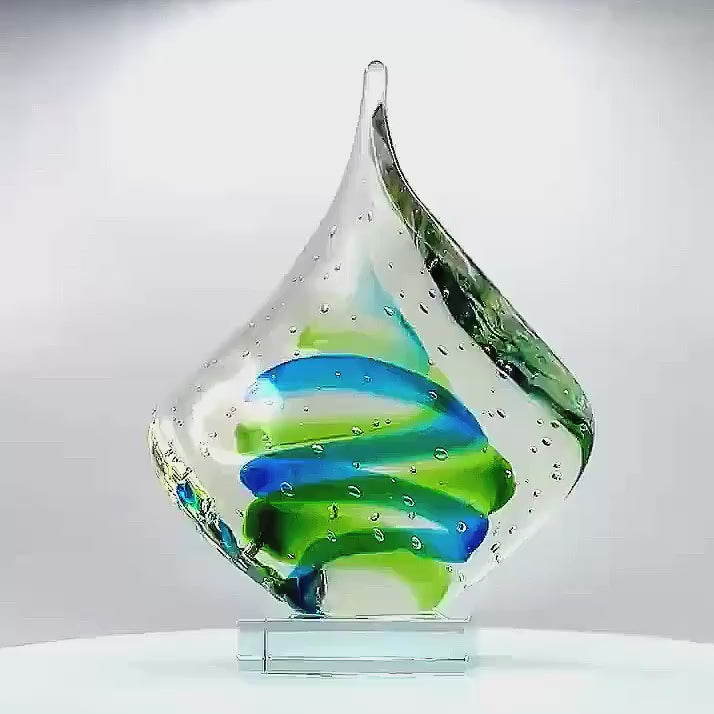 Bullicante Art Glass Sculpture, Blue Green Swirl | Mid-Century Modern