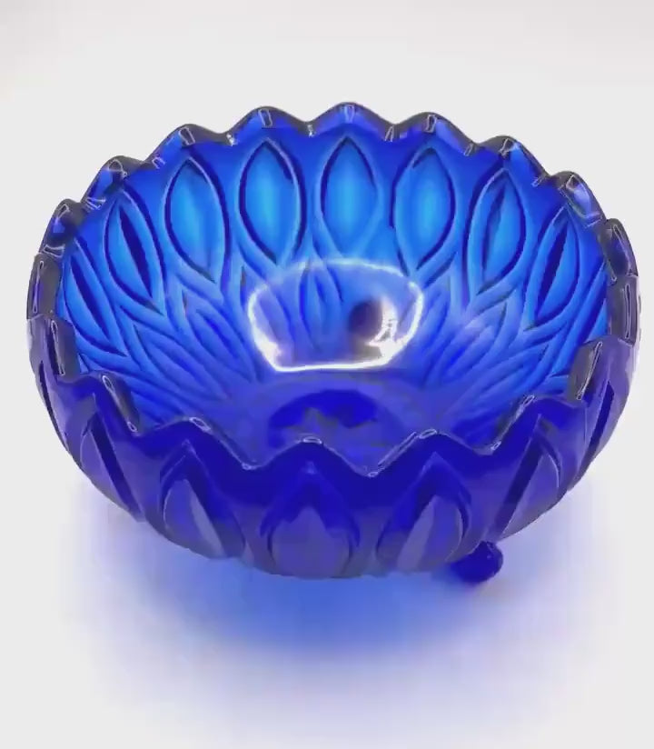 Bohemian, Czech Cobalt Blue Pressed Glass Bowl – Rosice Style Leaf Pattern, c.1960s