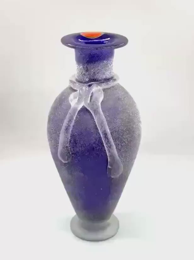 Murano Frosted Satin Art Glass Vase, Purple Blue, Original Label | Italian Decor